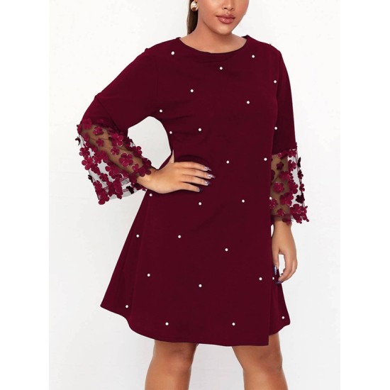 Mesh Polka-Dot Split-Joint Three-Dimensional Flower A-line Loose Round-neck Mini Dresses Mesh Polka-Dot Split-Joint Three-Dimensional Flower A-line Loose Round-neck Mini Dresses