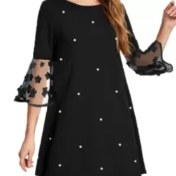 Mesh Polka-Dot Split-Joint Three-Dimensional Flower A-line Loose Round-neck Mini Dresses