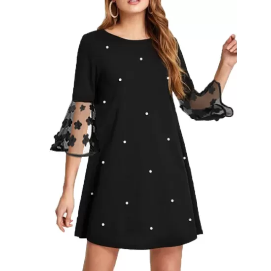 Mesh Polka-Dot Split-Joint Three-Dimensional Flower A-line Loose Round-neck Mini Dresses Mesh Polka-Dot Split-Joint Three-Dimensional Flower A-line Loose Round-neck Mini Dresses