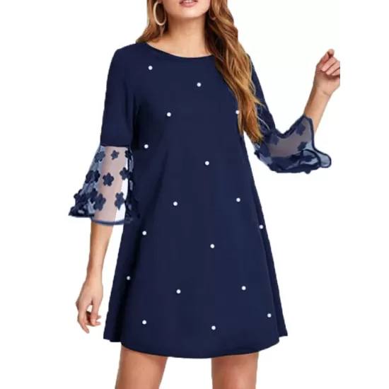 Mesh Polka-Dot Split-Joint Three-Dimensional Flower A-line Loose Round-neck Mini Dresses Mesh Polka-Dot Split-Joint Three-Dimensional Flower A-line Loose Round-neck Mini Dresses