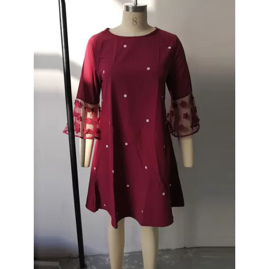 Mesh Polka-Dot Split-Joint Three-Dimensional Flower A-line Loose Round-neck Mini Dresses Mesh Polka-Dot Split-Joint Three-Dimensional Flower A-line Loose Round-neck Mini Dresses
