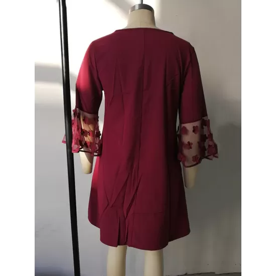 Mesh Polka-Dot Split-Joint Three-Dimensional Flower A-line Loose Round-neck Mini Dresses Mesh Polka-Dot Split-Joint Three-Dimensional Flower A-line Loose Round-neck Mini Dresses