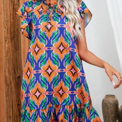 Hollow Pleated Printed Split-Joint Tied A-Line High Waisted Round-Neck Mini Dresses
