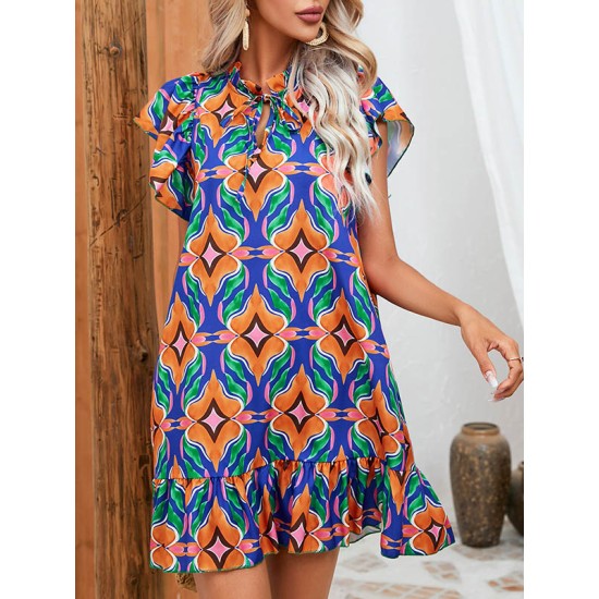 Hollow Pleated Printed Split-Joint Tied A-Line High Waisted Round-Neck Mini Dresses Hollow Pleated Printed Split-Joint Tied A-Line High Waisted Round-Neck Mini Dresses