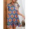 Hollow Pleated Printed Split-Joint Tied A-Line High Waisted Round-Neck Mini Dresses