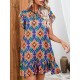 Hollow Pleated Printed Split-Joint Tied A-Line High Waisted Round-Neck Mini Dresses Hollow Pleated Printed Split-Joint Tied A-Line High Waisted Round-Neck Mini Dresses