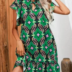 Hollow Pleated Printed Split-Joint Tied A-Line High Waisted Round-Neck Mini Dresses