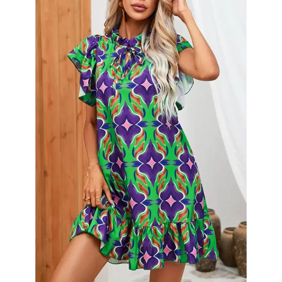 Hollow Pleated Printed Split-Joint Tied A-Line High Waisted Round-Neck Mini Dresses Hollow Pleated Printed Split-Joint Tied A-Line High Waisted Round-Neck Mini Dresses