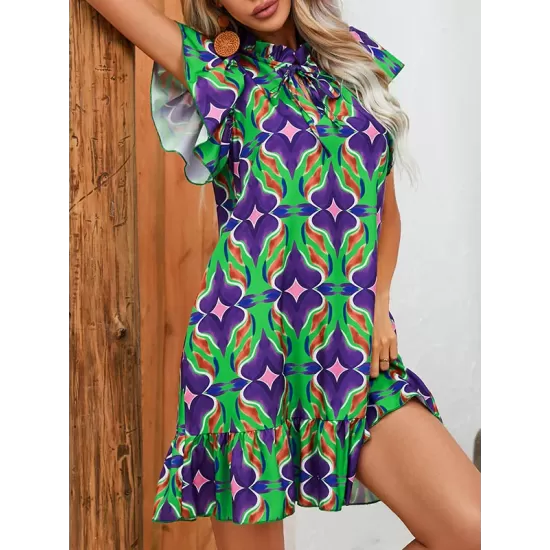 Hollow Pleated Printed Split-Joint Tied A-Line High Waisted Round-Neck Mini Dresses Hollow Pleated Printed Split-Joint Tied A-Line High Waisted Round-Neck Mini Dresses