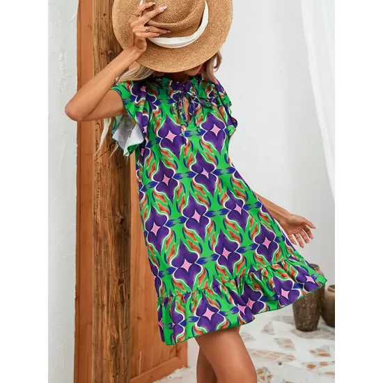 Hollow Pleated Printed Split-Joint Tied A-Line High Waisted Round-Neck Mini Dresses Hollow Pleated Printed Split-Joint Tied A-Line High Waisted Round-Neck Mini Dresses