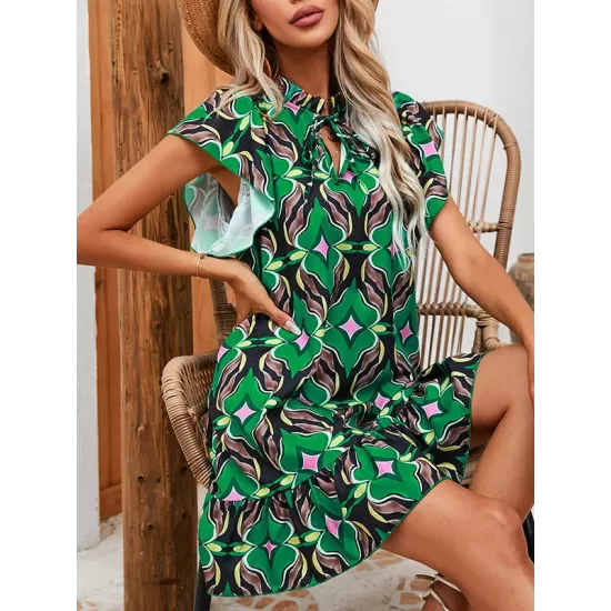 Hollow Pleated Printed Split-Joint Tied A-Line High Waisted Round-Neck Mini Dresses Hollow Pleated Printed Split-Joint Tied A-Line High Waisted Round-Neck Mini Dresses
