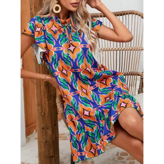 Hollow Pleated Printed Split-Joint Tied A-Line High Waisted Round-Neck Mini Dresses Hollow Pleated Printed Split-Joint Tied A-Line High Waisted Round-Neck Mini Dresses
