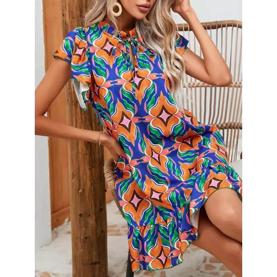Hollow Pleated Printed Split-Joint Tied A-Line High Waisted Round-Neck Mini Dresses Hollow Pleated Printed Split-Joint Tied A-Line High Waisted Round-Neck Mini Dresses