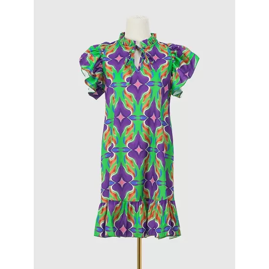 Hollow Pleated Printed Split-Joint Tied A-Line High Waisted Round-Neck Mini Dresses Hollow Pleated Printed Split-Joint Tied A-Line High Waisted Round-Neck Mini Dresses