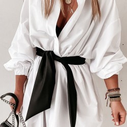 Elasticity Tied Waist Long Sleeves Loose Lapel Shirt Dress Mini Dresses