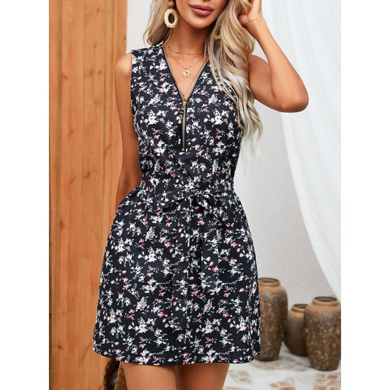 Flower Print Tied Waist Zipper High Waisted Loose V-neck Mini Dresses Flower Print Tied Waist Zipper High Waisted Loose V-neck Mini Dresses