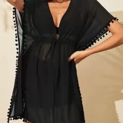 Drawstring See-Through Solid Color Tasseled Batwing Sleeves Loose V-Neck Mini Dresses Beach Cover-Up