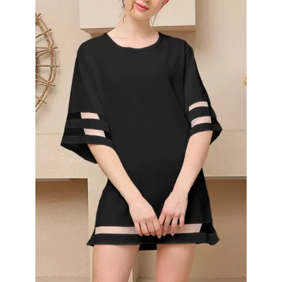Mesh Solid Color Split-Joint A-Line Half Sleeves Round-Neck Mini Dresses Mesh Solid Color Split-Joint A-Line Half Sleeves Round-Neck Mini Dresses