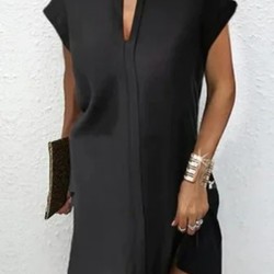 Loose Short Sleeves Solid Color Split-Joint V-Neck Mini Dresses Short Dresses