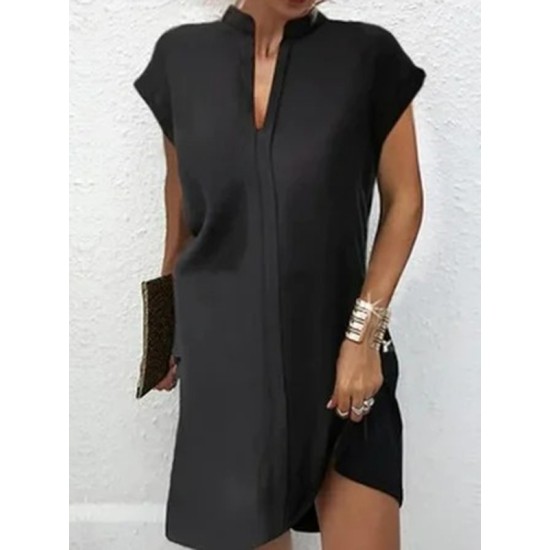 Loose Short Sleeves Solid Color Split-Joint V-Neck Mini Dresses Short Dresses Loose Short Sleeves Solid Color Split-Joint V-Neck Mini Dresses Short Dresses