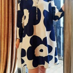 Flower Print Pleated Long Sleeves Loose Mock Neck Mini Dresses