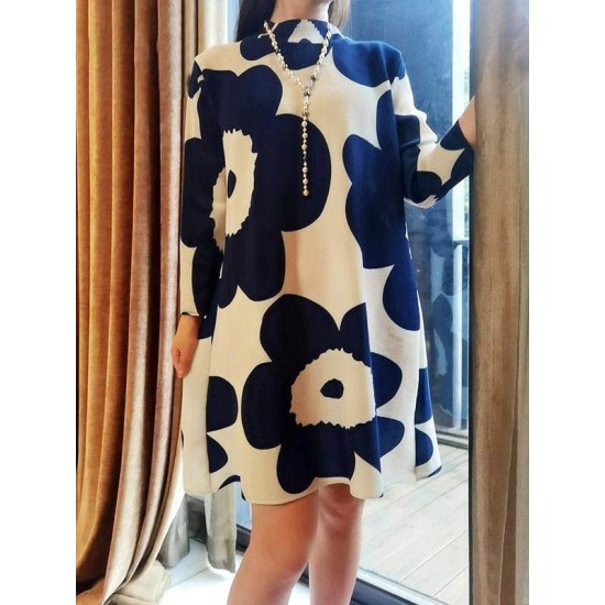 Flower Print Pleated Long Sleeves Loose Mock Neck Mini Dresses Flower Print Pleated Long Sleeves Loose Mock Neck Mini Dresses