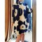 Flower Print Pleated Long Sleeves Loose Mock Neck Mini Dresses