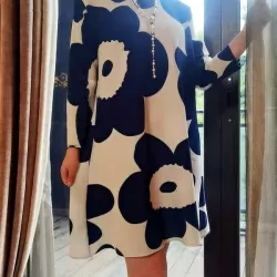 Flower Print Pleated Long Sleeves Loose Mock Neck Mini Dresses