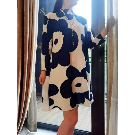 Flower Print Pleated Long Sleeves Loose Mock Neck Mini Dresses Flower Print Pleated Long Sleeves Loose Mock Neck Mini Dresses