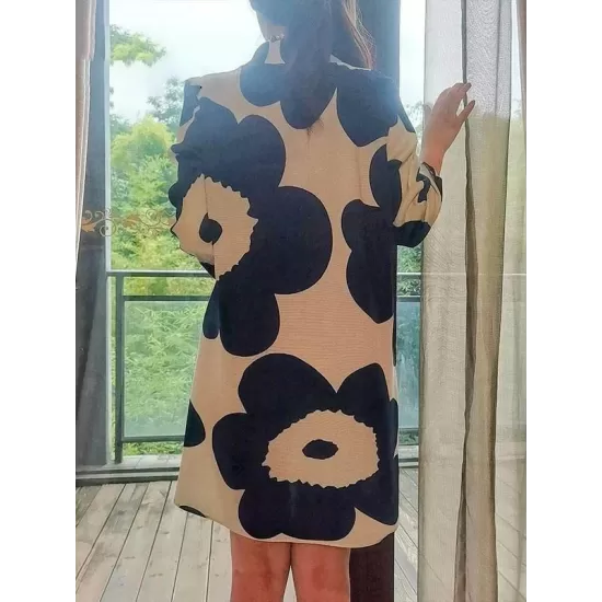 Flower Print Pleated Long Sleeves Loose Mock Neck Mini Dresses Flower Print Pleated Long Sleeves Loose Mock Neck Mini Dresses
