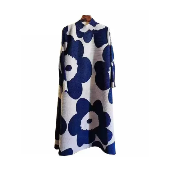 Flower Print Pleated Long Sleeves Loose Mock Neck Mini Dresses Flower Print Pleated Long Sleeves Loose Mock Neck Mini Dresses