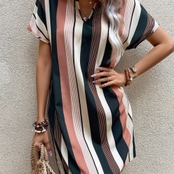 Striped A-Line High Waisted V-Neck Mini Dresses