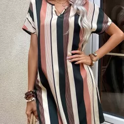 Striped A-Line High Waisted V-Neck Mini Dresses