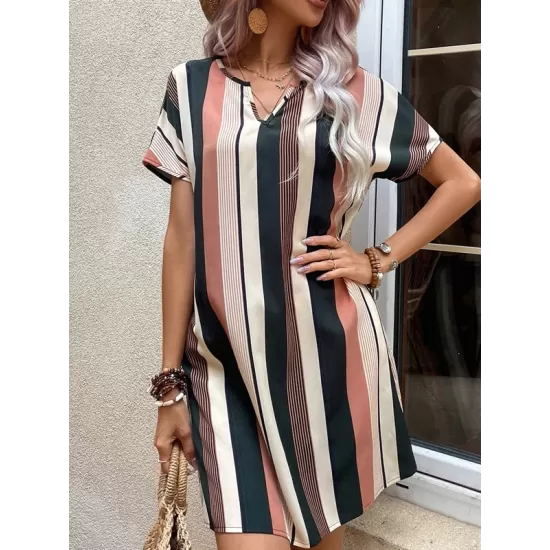 Striped A-Line High Waisted V-Neck Mini Dresses Striped A-Line High Waisted V-Neck Mini Dresses