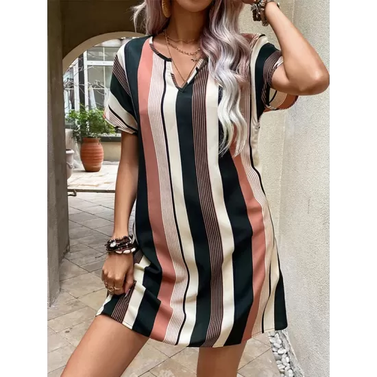 Striped A-Line High Waisted V-Neck Mini Dresses Striped A-Line High Waisted V-Neck Mini Dresses