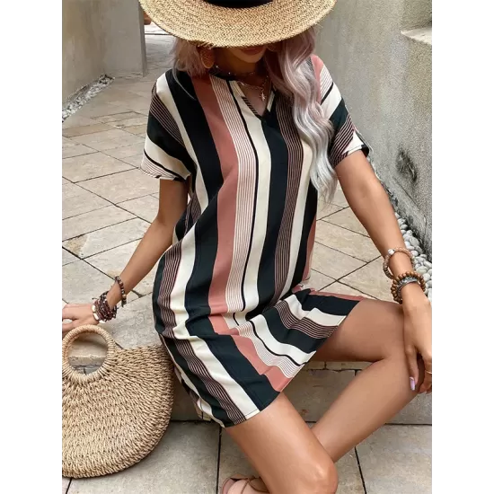 Striped A-Line High Waisted V-Neck Mini Dresses Striped A-Line High Waisted V-Neck Mini Dresses