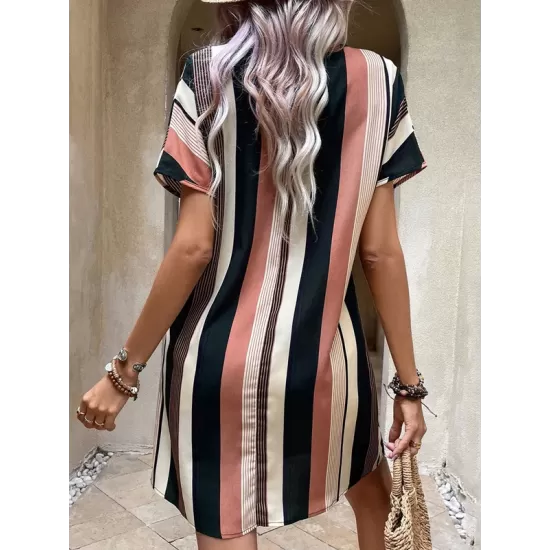 Striped A-Line High Waisted V-Neck Mini Dresses Striped A-Line High Waisted V-Neck Mini Dresses