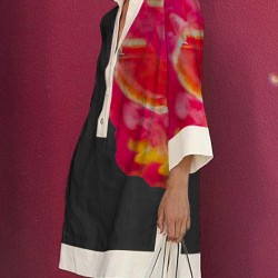 Loose Three-Quarter Sleeves Buttoned Contrast Color Flower Print Lapel Mini Dresses Shirt Dress