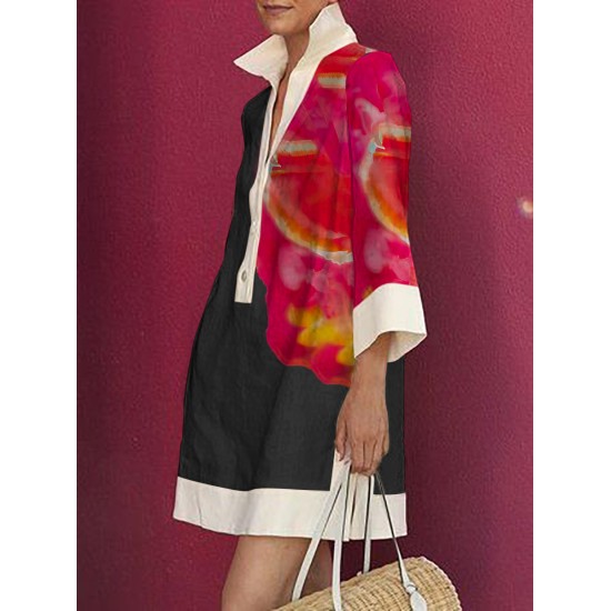 Loose Three-Quarter Sleeves Buttoned Contrast Color Flower Print Lapel Mini Dresses Shirt Dress Loose Three-Quarter Sleeves Buttoned Contrast Color Flower Print Lapel Mini Dresses Shirt Dress