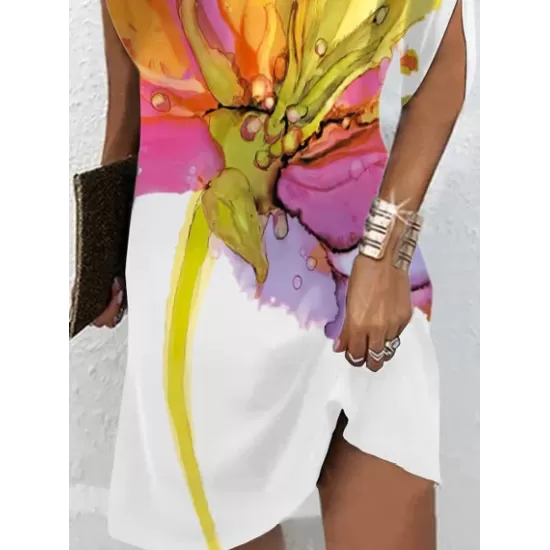Loose Sleeveless Contrast Color Flower Print Stand Collar Mini Dresses Loose Sleeveless Contrast Color Flower Print Stand Collar Mini Dresses