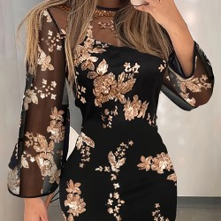 Mesh Sequined Split-Joint Bodycon Long Sleeves Round-Neck Mini Dresses