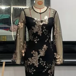 Mesh Sequined Split-Joint Bodycon Long Sleeves Round-Neck Mini Dresses