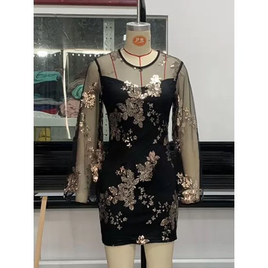 Mesh Sequined Split-Joint Bodycon Long Sleeves Round-Neck Mini Dresses Mesh Sequined Split-Joint Bodycon Long Sleeves Round-Neck Mini Dresses