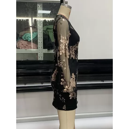 Mesh Sequined Split-Joint Bodycon Long Sleeves Round-Neck Mini Dresses Mesh Sequined Split-Joint Bodycon Long Sleeves Round-Neck Mini Dresses