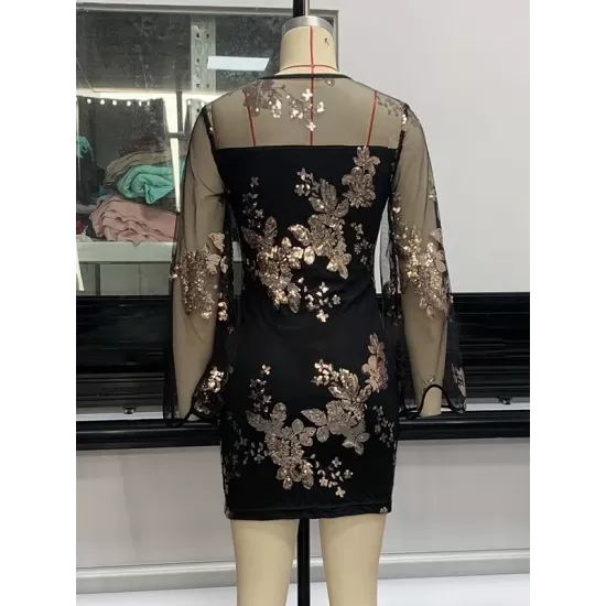 Mesh Sequined Split-Joint Bodycon Long Sleeves Round-Neck Mini Dresses Mesh Sequined Split-Joint Bodycon Long Sleeves Round-Neck Mini Dresses
