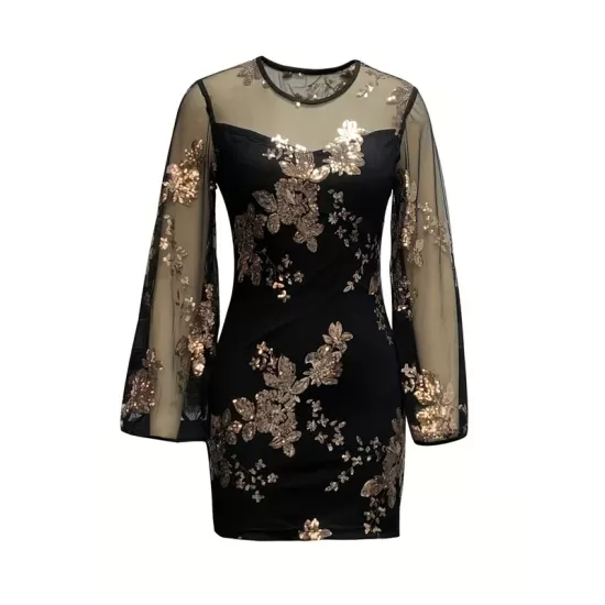 Mesh Sequined Split-Joint Bodycon Long Sleeves Round-Neck Mini Dresses Mesh Sequined Split-Joint Bodycon Long Sleeves Round-Neck Mini Dresses