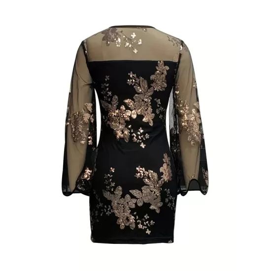 Mesh Sequined Split-Joint Bodycon Long Sleeves Round-Neck Mini Dresses Mesh Sequined Split-Joint Bodycon Long Sleeves Round-Neck Mini Dresses