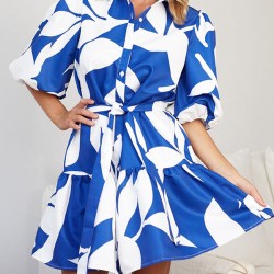 Contrast Color Floral Floral Printed Pleated Tied Waist Loose Puff Sleeves Lapel Shirt Dress Mini Dresses
