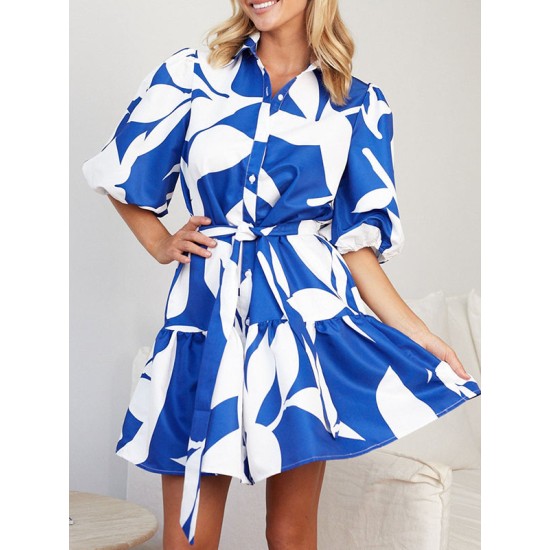 Contrast Color Floral Floral Printed Pleated Tied Waist Loose Puff Sleeves Lapel Shirt Dress Mini Dresses Contrast Color Floral Floral Printed Pleated Tied Waist Loose Puff Sleeves Lapel Shirt Dress Mini Dresses