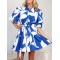 Contrast Color Floral Floral Printed Pleated Tied Waist Loose Puff Sleeves Lapel Shirt Dress Mini Dresses
